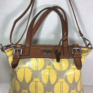 Fossil XL Yellow Bug Print Gray Coated Canvas Bag